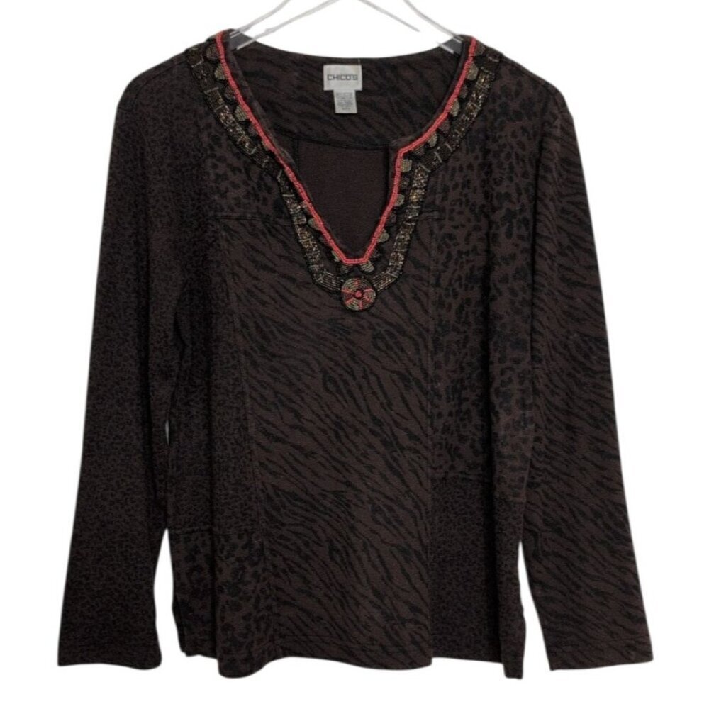 Chicos 2 Beaded Animal Print Shirt Womens Size Large Brown Cotton Long Sleeve